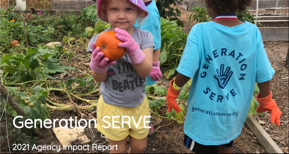 Two kids volunteer in a garden with gloves and pumpkin, promoting youth service programs Texas.