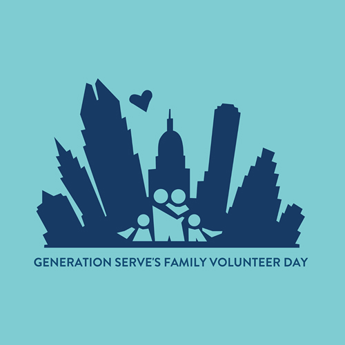 Blue city skyline with family icons and heart for Texas youth volunteer programs.