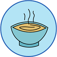 Minimalist blue bowl of steaming soup symbolizes youth and family volunteering in Texas.