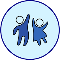 Blue icon of two youth figures celebrating, symbolizing Texas teen volunteer programs.