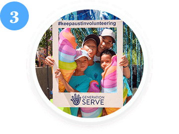Four children pose with a Generation Serve frame promoting youth volunteer programs Texas.