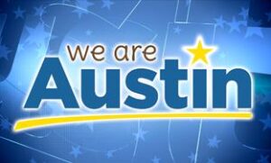 Blue graphic reading "we are Austin" for youth and family volunteering programs Texas.