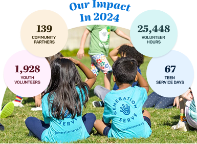 Children in "Generation Serve" shirts sit on grass, highlighting youth volunteer programs Texas, teen service volunteer programs, and family volunteering opportunities.