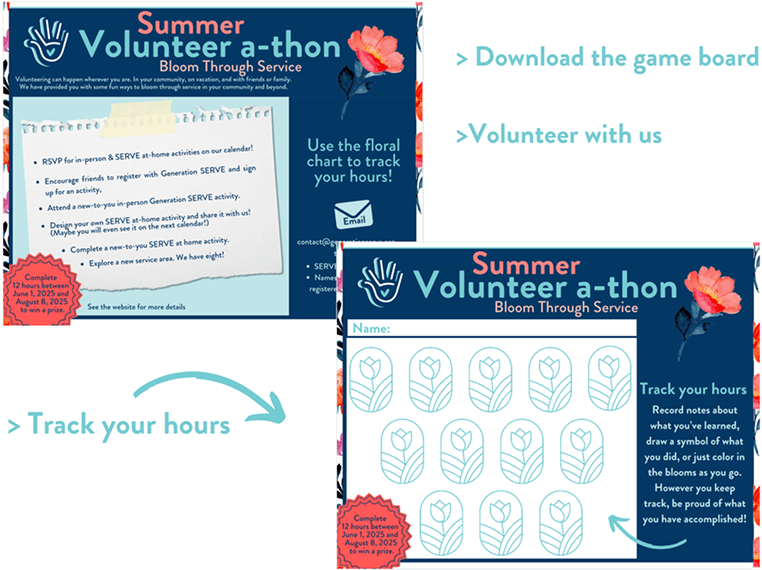 Two Summer Volunteer-a-thon flyers feature teen service volunteer steps, youth and family volunteering opportunities Texas, with blue and pink accents.