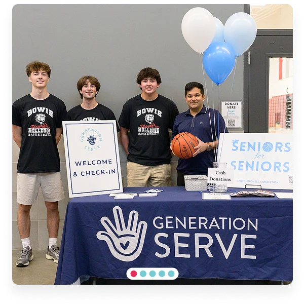 Four teens at a Generation Serve table promote "Senior for Seniors," highlighting youth volunteer programs and family volunteering opportunities Texas.