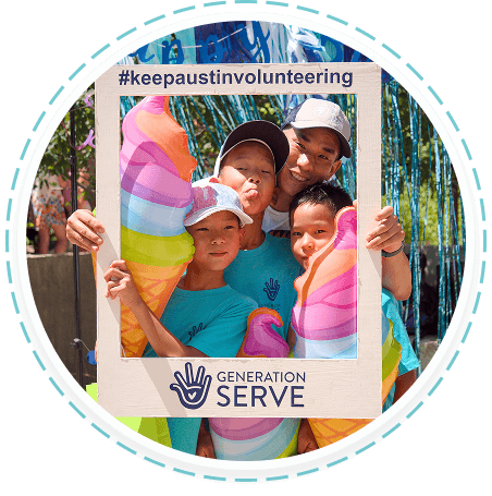 Four people promote youth volunteer programs in Texas with Generation Serve, holding props and #keepaustinvolunteering frame.
