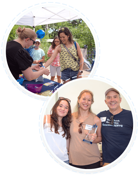 Top: A woman receives food at a youth volunteering event. Bottom: Three adults, part of teen service volunteer programs in Texas, smile indoors with an award.