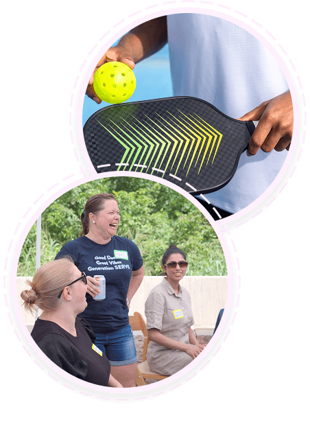 A person with a pickleball paddle and ball, plus volunteers at a youth volunteer program in Texas.
